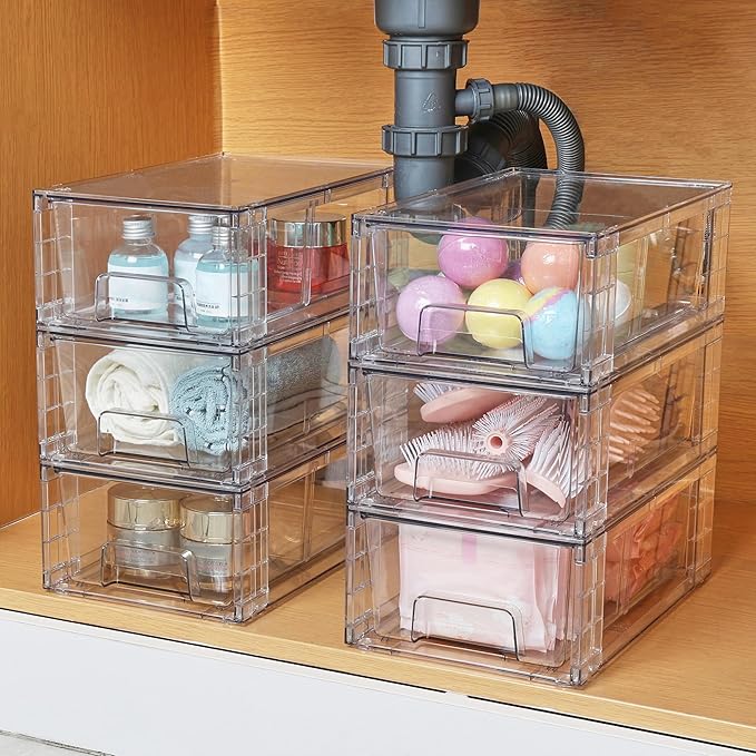 Vtopmart 10 Pack Stackable Storage Drawers,Clear Acrylic Drawer Organizers with Handles, Easily Assemble Containers for Fridge, Bathroom,Kitchen Undersink,Cabinet,Pantry Organization and Storage