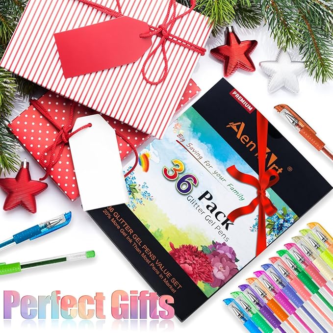 Aen Art Glitter Gel Pens for Adult Coloring Books, 36 Colors Gel Marker Set Colored Pen with 40% More Ink for Kids Drawing, Doodling, Crafts and Taking Note