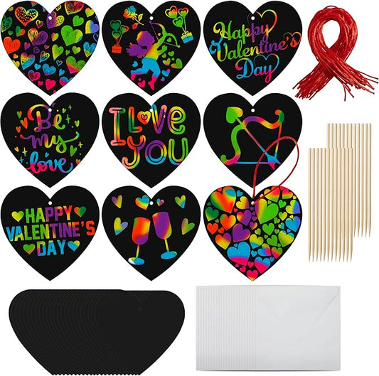 JOYIN 36 Packs Valentines Day Gifts Cards for Kids Magic Color Scratch Heart Rainbow Scratch Paper Heart Valentine Crafts and Art for Kids Classroom Exchange Create Rainbow Art Without Ink