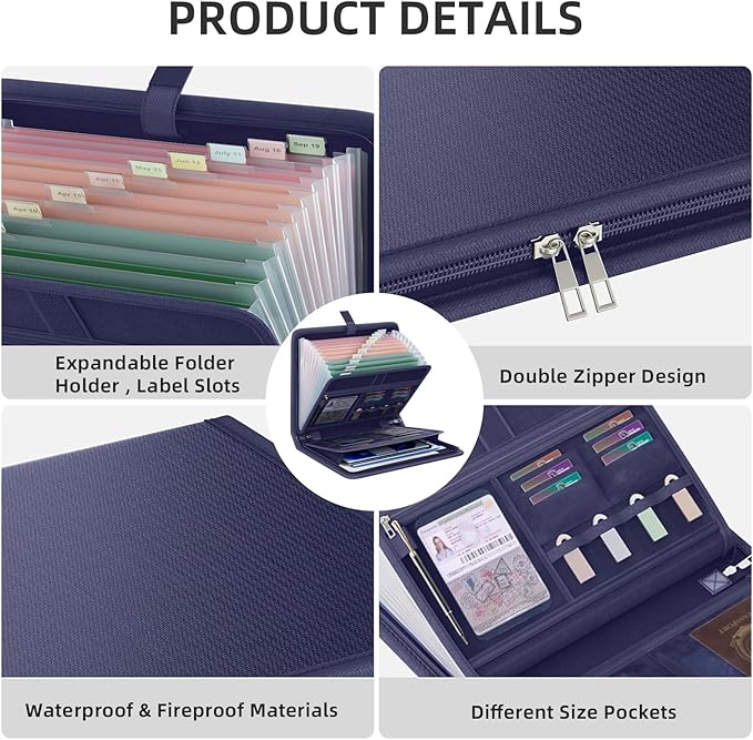 Fireproof Accordion File Organizer, Portable Expanding File Folder with Waterproof Zipper&Labels, Blue Document Organizer with 13 Pockets, File Organizer for Important Document/Paper Storage