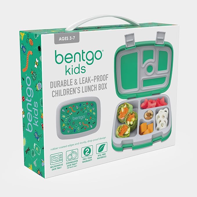 Bentgo Kids Prints Leak-Proof, 5-Compartment Bento-Style Kids Lunch Box - Ideal Portion Sizes for Ages 3-7, Durable, Drop-Proof, Dishwasher Safe, & PFAS & BPA-Free Materials (Bug Buddies)