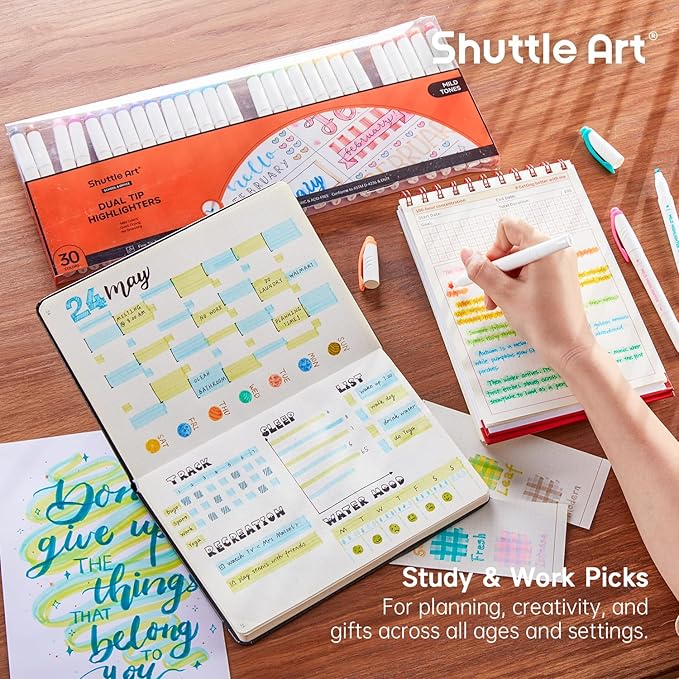 Shuttle Art 30 Colors Highlighters, Pastel Highlighter Pens Assorted Colors, Dual Tip Mild Color Highlighter Markers, Perfect for Teens, Kids and Adults Coloring, Underlining, Highlighting