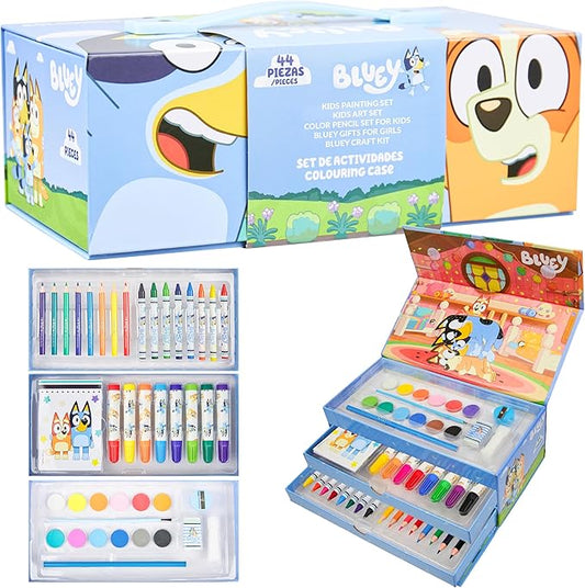 Bluey Colored Pencils Art Supplies for Boys Girls Drawing Kit Painting School Supplies Art Kit Travel Case Gifts for Kids (Blue 3 Tier)