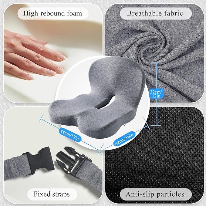 Ergonomic Seat Cushion with Adjustable Strap, Memory Foam Office Chair Seat Cushion with L-Shaped Design, Car Seat Cushion Fits for Truck Driver Semi Truck, Gaming Chair, Desk, Light Gray