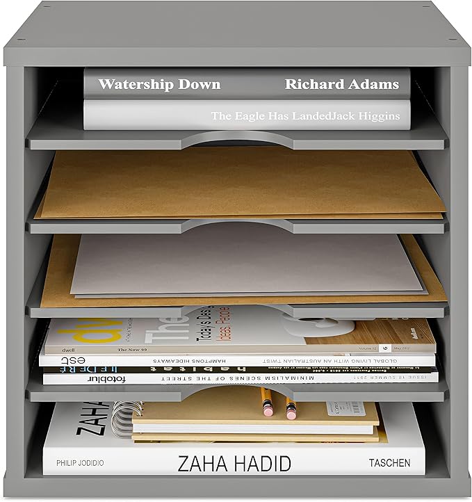 Ballucci File Organizer Paper Sorter, 5 Tier Adjustable Shelves Office Desk Organizer, 13 5/8" x 9 1/4" x 12", Gray