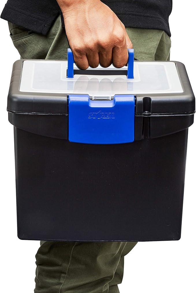 Storex Portable File Box, with Lockable XL Supply Storage Lid and Carry Handle, Black/Blue, 10.9 x 11 x 13.25 Inches, 2-Pack (61415B02C)