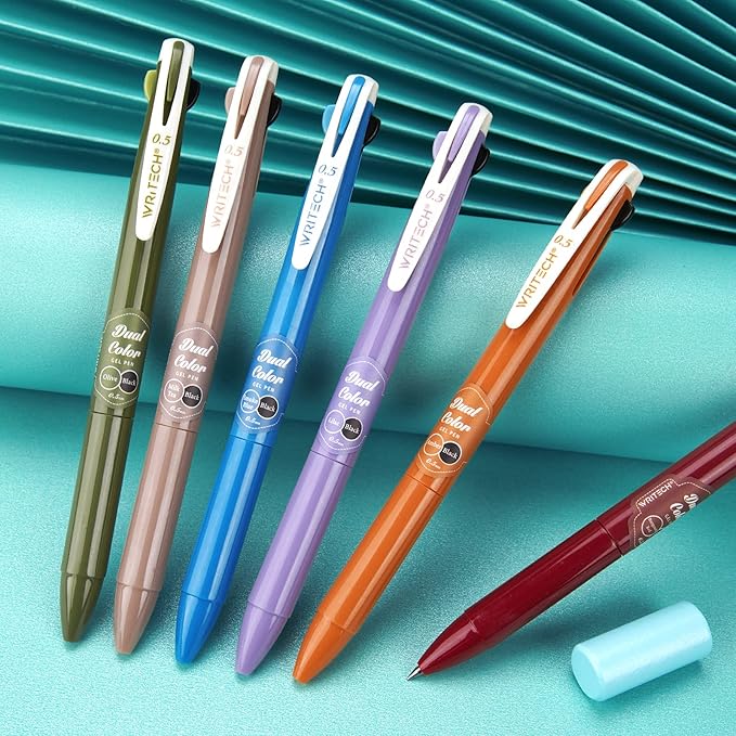 WRITECH Retractable Gel Ink Pens: Multi Colored 2 in 1 Colorful Click Pens Assorted Color 8ct Extra Fine Point Tip 0.5mm Journaling Smooth Writing Note Taking Coloring No Bleed & Smear & Smudge