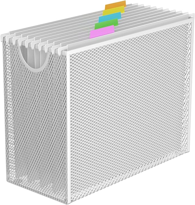 Hanging File Organizer, Letter-Size File Holder Filing Box with 5 Hanging Folders, Metal Mesh Desk File Folder Storage(No Assembly Required) (White, with 5 Grey Folders)
