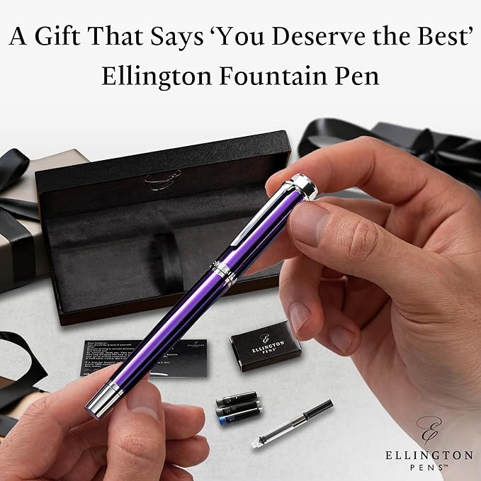Ellington Pens Luxury Fountain Pen Set - Extra Fine Nib - Includes 3 Ink Cartridges, Refillable Ink Converter, Gift Box - Fountain Pens For Writing, Calligraphy, Journaling, Sketching (Purple Haze)