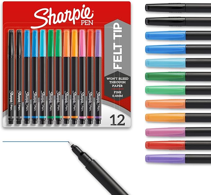 Sharpie Felt Tip Pens, Fine Point Pens (0.4mm), Felt Tip Markers, Assorted Colors, 12 Count - Journaling, Art, Drawing, Markers