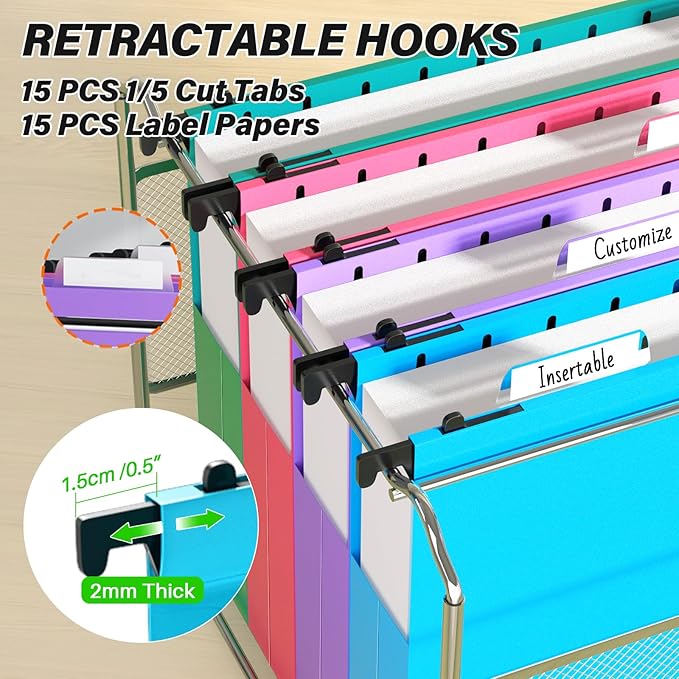 Plastic Hanging File Folder Letter Size,Heavy Duty 2" Expandable File Folder with Tabs,12 Pack Reinforced Expanding Hanging Folder,File Cabinet Folders,Extra Capacity,Hanging Organizer for Home Office