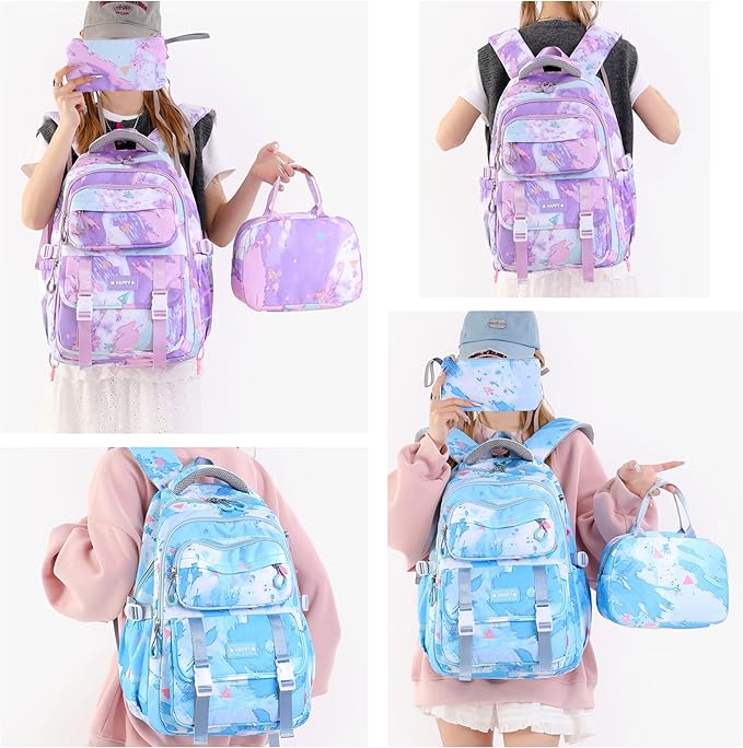 Backpack for Girls Kids Backpacks with Lunch Box Elementary Middle High School Backpacks Students Bookbag Set School Bags for Teens Girls (Sky Blue)