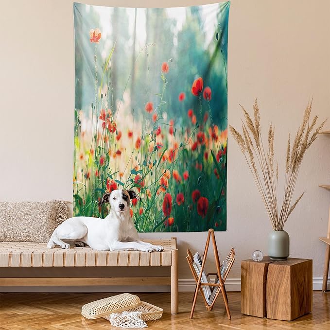 Ambesonne Nature Tapestry Twin Size, Wild Red Poppy Flowers Field Summertime Sunbeams Gardening Bedding Plants, Wall Hanging Bedspread Bed Cover Wall Decor, 68" X 88", Red Green Yellow