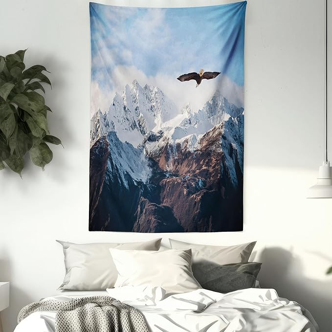 Ambesonne Mountain Tapestry Twin Size, Frozen Peaks Tops of the Mountain with a Flying Eagle Free in Nature Photo, Wall Hanging Bedspread Bed Cover Wall Decor, 68" X 88", Brown White Blue