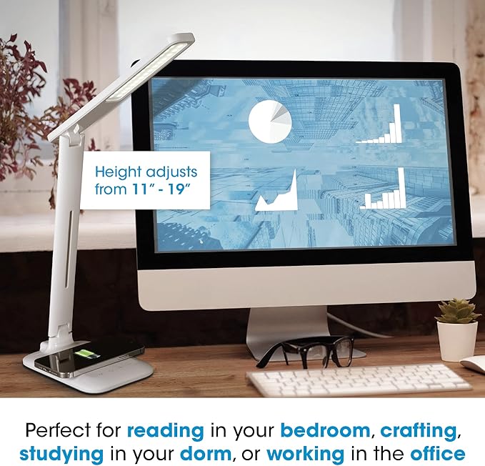 OttLite Charge Up LED Desk Lamp with Wireless Qi Charging & USB Charging Port, with ClearSun LED Technology - Adjustable Neck, 3 Color Temperature Modes, Reduces Eyestrain - Travel-Friendly Task Lamp