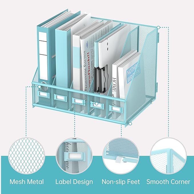 SUPEASY Desk Organizers Metal Desk Magazine File Holder with 5 Vertical Compartments Rack File Organizer for Office Desktop, Home Workspace, Blue Plus