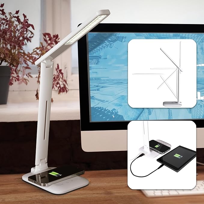 OttLite Charge Up LED Desk Lamp with Wireless Qi Charging & USB Charging Port, with ClearSun LED Technology - Adjustable Neck, 3 Color Temperature Modes, Reduces Eyestrain - Travel-Friendly Task Lamp