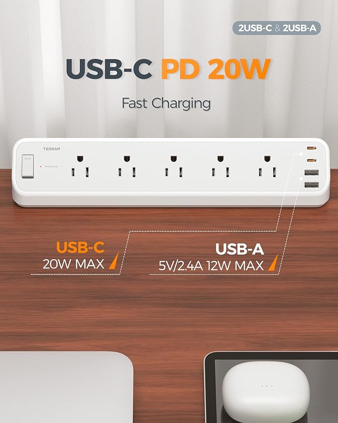 TESSAN Desk Clamp Power Strip 6 Ft, 2100J Surge Protector, 5 Outlets and 4 USB Ports (2 USB C), 1875W, 15A, Flat Plug Extension Cord with Multiple Outlets for Gaming Home Office Dorm Room
