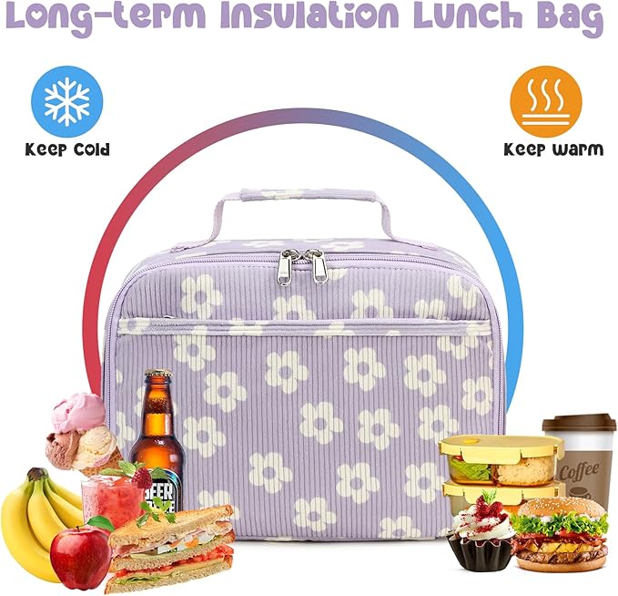 Bluboon Kids Girls Lunch Bag Insulated Lunch Box for school Corduroy Lunch Cooler Organizer School Kids Lunch Tote