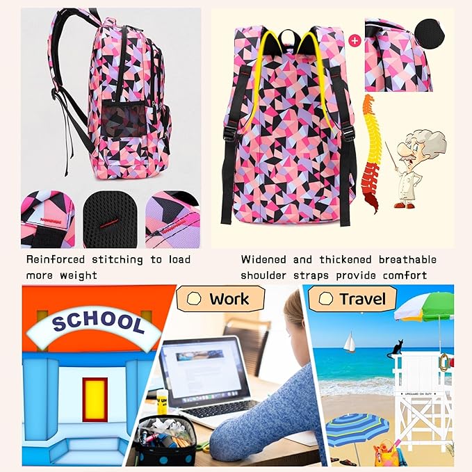 3Pcs Geometric Print Kids Backpack Set for Girls with Lunchbox, Capacity Elementary Middle School Bag Girls Backpack and Lunchbox Set