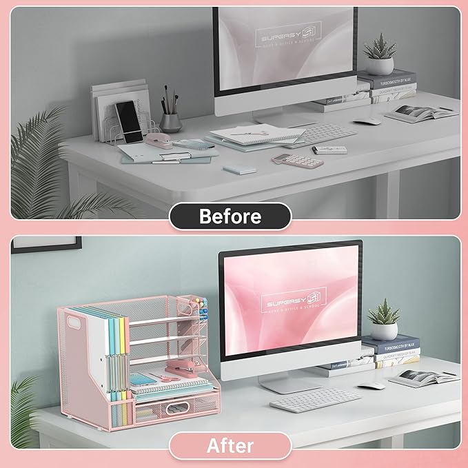 SUPEASY Desk Organizer with File Holder, 5-Tier Mesh Paper Organizer Letter Tray with Pen Holder and Drawer, Desk Organizers and Accessories with 3 Tilted File Sorter for Office Supplies, Pink