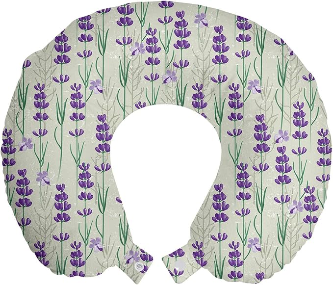 Ambesonne Lavender Travel Pillow Neck Rest, Botanical Pattern with Fresh Herbs Aromatherapy Spa Theme, Memory Foam Traveling Accessory for Airplane and Car, 12", Pale Sage Green Violet