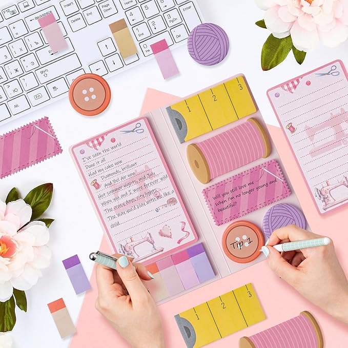 Xqumoi Retro Sewing Sticky Notes Set - Any Day Spent Sewing is A Good Day Self-Stick Note Pads Teacher Appreciation Notepads Writing Memo Pad Page Marker Back to School Office Supplies (Pink)