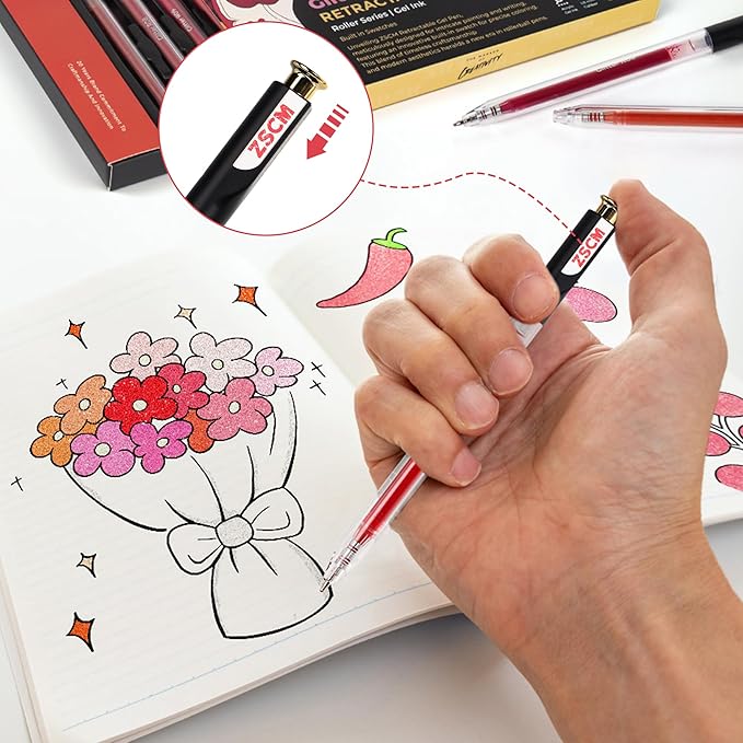 Retractable Glitter Gel Pens, 12 Colors Large Capacity Red Pink Glitter Metallic Gel Ink Pens, 1 mm Fine Point Smooth Writing Color Pens for Adult Coloring Book Note Taking Aesthetic Art Supplies
