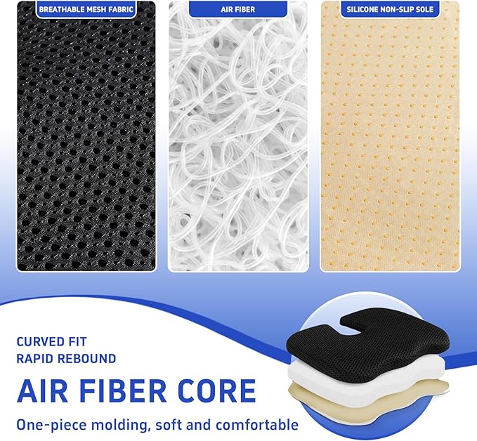 Gooo&Ma Ergonomic Seat Cushion with Air Fiber Core, Office Chair Cushion with Washable Cover & Non-Slip Base for Pressure Relief, Comfort for Long Sitting, Driving, Gaming(Black)