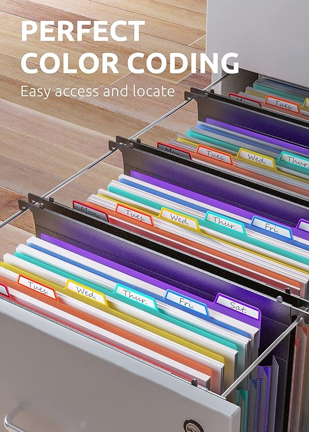 ThinkTex Plastic Expanding Hanging File Folders, 7 Innovative 1.2/'' Accordian Pockets, Large Capacity, Multi-Color Tabs, Letter Size for Filing Cabinet - Black-6 pack
