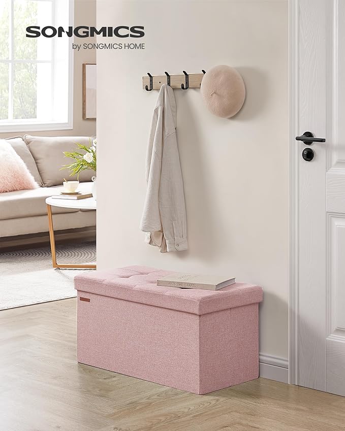 SONGMICS Mazie Collection - 30 Inches Folding Storage Ottoman Bench, Ottoman Foot Rest, End of Bed Bench, Storage Chest, Load 660 lb, for Living Room, Bedroom, Entryway, Jelly Pink ULSF047R11