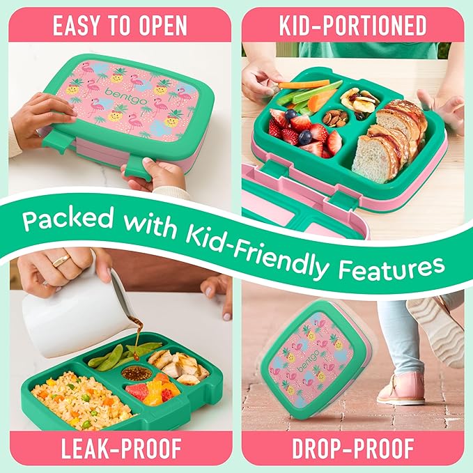 Bentgo Kids Prints Leak-Proof, 5-Compartment Bento-Style Kids Lunch Box - Ideal Portion Sizes for Ages 3-7, Durable, Drop-Proof, Dishwasher Safe, & PFAS & BPA-Free Materials (Tropical)