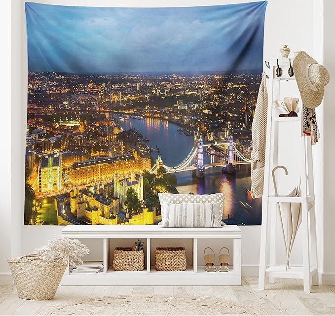 Ambesonne Modern Tapestry, Sunset at London England Cityscape Night Time and Tower Bridge Landmark Urban, Fabric Wall Hanging Decor for Bedroom Living Room Dorm, 23" X 28", Yellow Bluegrey