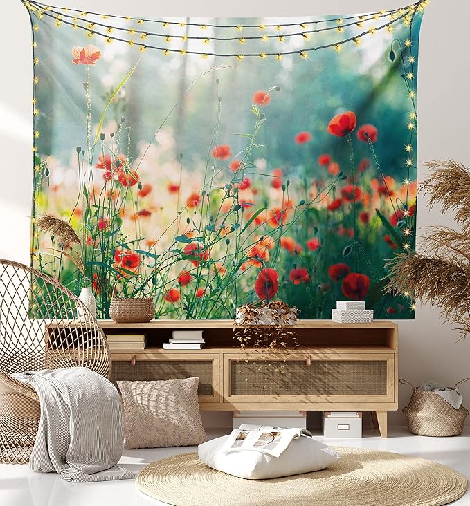 Ambesonne Nature Tapestry Twin Size, Wild Red Poppy Flowers Field Summertime Sunbeams Gardening Bedding Plants, Wall Hanging Bedspread Bed Cover Wall Decor, 68" X 88", Red Green Yellow