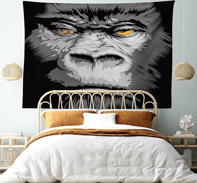 Ambesonne Modern Tapestry King Size, Close up Gorilla Portrait with Orange Eyes Zoo Jungle Animal Wild Money Graphic, Wall Hanging Bedspread Bed Cover Wall Decor, 104" X 88", Grey Marigold