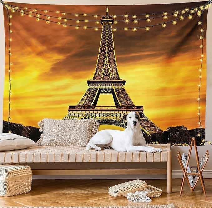 Ambesonne Eiffel Tower Tapestry, Paris Love City Monument in Dramatic Sunrise Picture of French Landmark, Fabric Wall Hanging Decor for Bedroom Living Room Dorm, 23" X 28", Yellow Brown