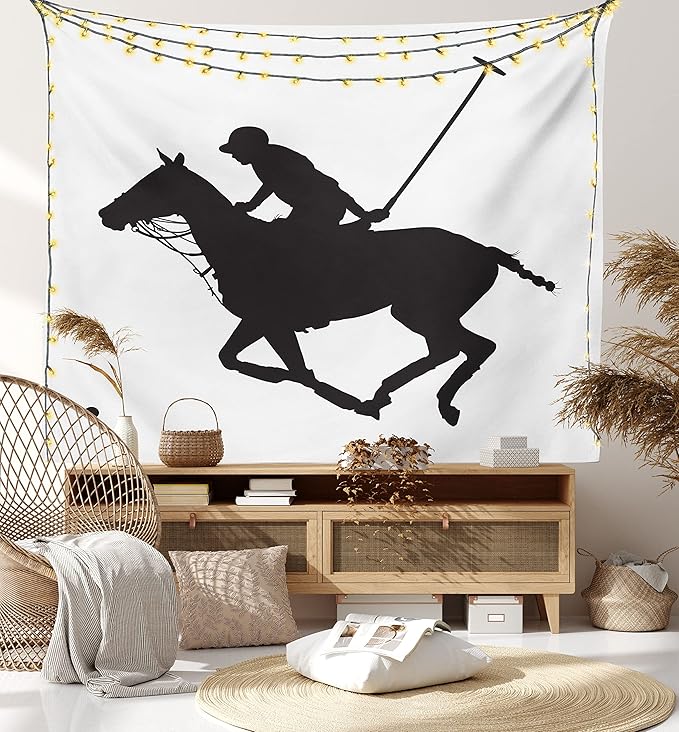 Ambesonne Sports Tapestry, Silhouette Illustration of Polo Player on a Horse Hitting a Ball Print, Fabric Wall Hanging Decor for Bedroom Living Room Dorm, 23" X 28", Charcoal Grey
