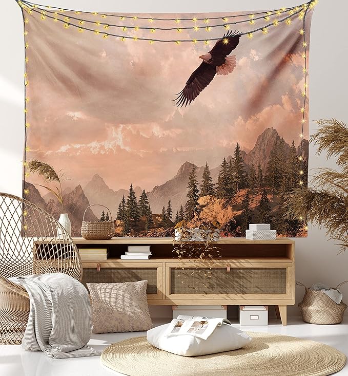 Ambesonne Eagle Tapestry King Size, Nature Photography of Rocky Mountains and Forest a Bird Flying over It, Wall Hanging Bedspread Bed Cover Wall Decor, 104" X 88", Rose Green