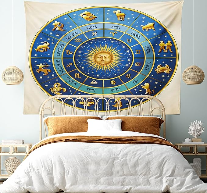 Ambesonne Astrology Tapestry, Wheel of Astrological Signs Names Dates Moon Sun in Middle, Fabric Wall Hanging Decor for Bedroom Living Room Dorm, 30" X 45", Blue Yellow and Cream