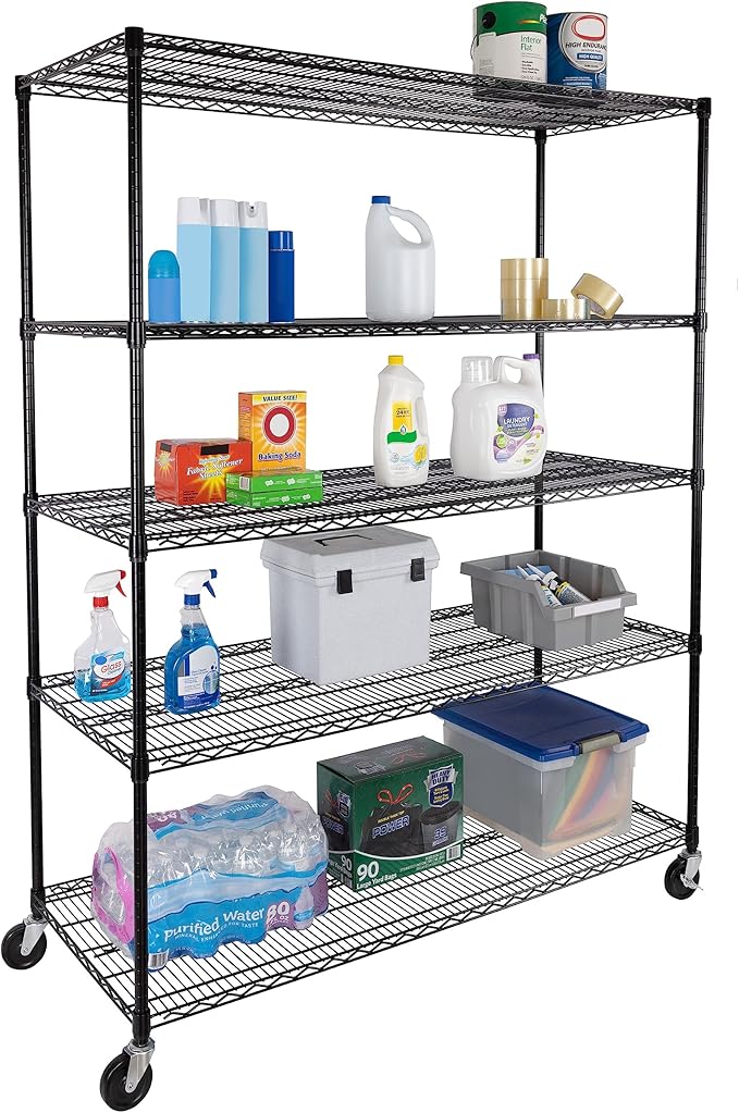 Seville Classics UltraDurable Heavy Duty NSF Solid Steel Wire Rack Storage Unit, Organizer for Garage, Warehouse, Office, Restaurant, Classroom, Kitchen, Black, 5-Tier Shelving, 60" W x 24" D