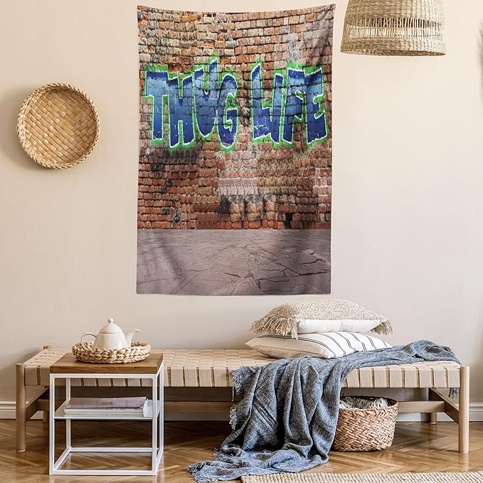 Ambesonne Thug Life Tapestry, Graffiti Style Words on a Brick Wall Street Urban Art Hip Hop Rap Culture Theme, Fabric Wall Hanging Decor for Bedroom Living Room Dorm, 23" X 28", Brown Blue