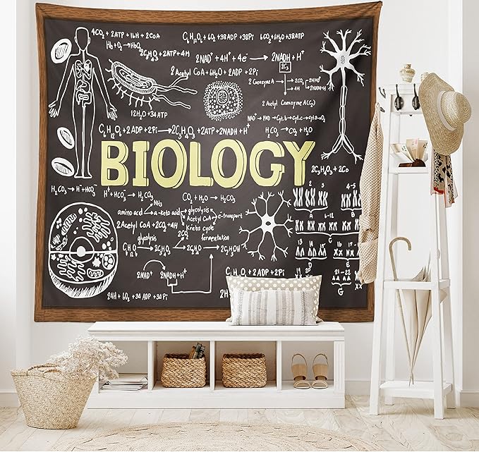 Ambesonne Science Tapestry, Black Chalkboard Biology Hand Written, Wide Wall Hanging for Bedroom Living Room Dorm, 80" X 60", Black Brown Pale Yellow