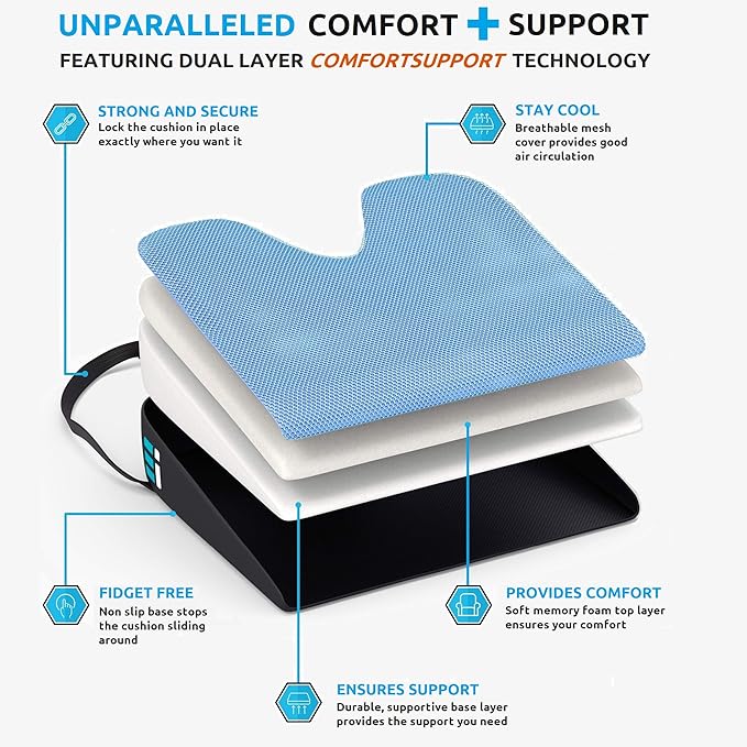 Memory Foam Car Seat Cushion for Driving - Ergonomic Wedge Cushion for Back Pain, Sciatica Relief - Non-Slip Truck Seat Pad for Long Sitting - Office Chair Support 17.5 x 15 x 3.5