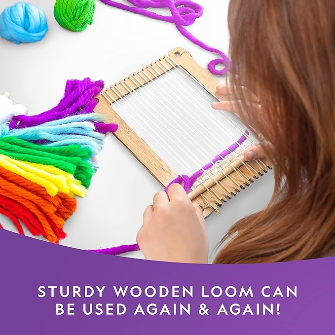 NATIONAL GEOGRAPHIC Wooden Arts and Crafts Loom Weaving Kit - Yarn and 3 Fun Designs for Easy Weaving, Child Weaving Set with Loom