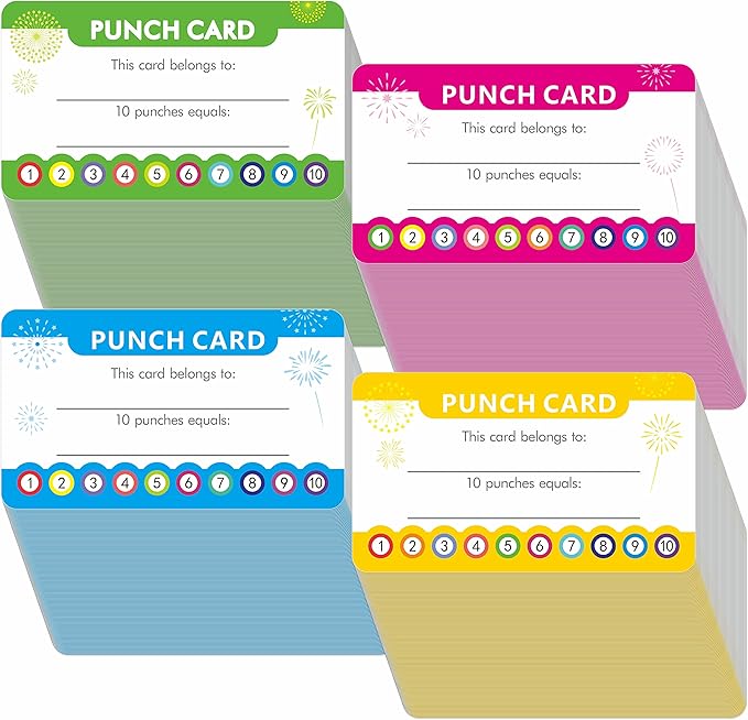 102 PCS Punch Cards, Incentive Reward Card Student Awards Loyalty Cards for Business, Classroom, Kids Behavior, Students, Teachers, 3.5” x 2”, 4 Styles
