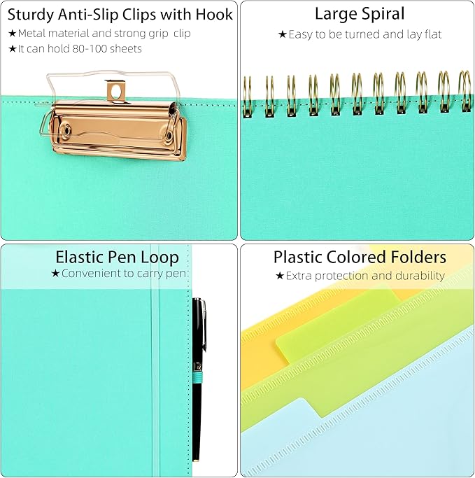 Ospelelf Foldable Spiral Clipboard Folio with Storage Zipper Pouch, 5 Plastic Folders with 10 Pockets,Refillable Lined Notepad (11" x 8.5"), Hardcover Project Organizer with 39 Stickers (Aqua)