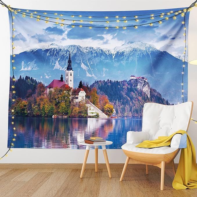 Ambesonne Landscape Tapestry King Size, Photo of Bled in Slovenia with Lake Snowy Mountains and a Castle Pastoral Scenery, Wall Hanging Bedspread Bed Cover Wall Decor, 104" X 88", Blue Lavender