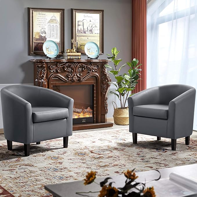 Yaheetech Barrel Chairs, Faux Leather Chairs, Modern Leather Club Chairs Comfy Gray Accent Chairs with Sturdy Wood Legs for Living Room/Bedroom/Reading Room/Waiting Room, Gray, Set of 2