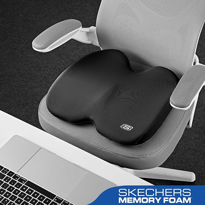 Skechers Seat Cushion, Ergonomic Memory Foam Cushion for Long Sitting Hours on Office & Home Chair, Car Seat Cushion for Sciatica, Coccyx Cushion,Black