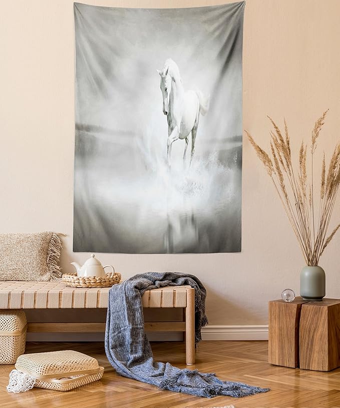 Ambesonne Horses Tapestry, Wild Horse Running Through Water Dramatic for the Motivation of Life Art, Fabric Wall Hanging Decor for Bedroom Living Room Dorm, 30" X 45", Black and White